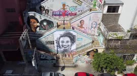 Aerial view: Cleaning and restoration of the image of Marielle Franco in Sao Pauli, Brazil