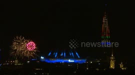 Lakhta tower coloured in Olympic style in St Petersburg, Russia