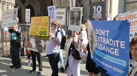 Protest against extradition of Julian Assange as he appears before the royal courts of justice