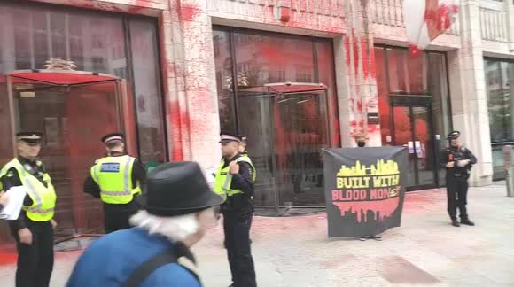Extinction Rebellion target Guildhall north wing in City of London with red paint
