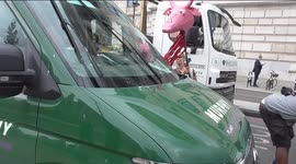 A WOMEN WITH A PINK COWS HEAD TRIED AGREVATE A DRIVER SO HE  PUT HIS WINDOW  WIPERS  AND SPRAY ON