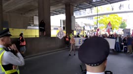 Topless protesters exstinction rebellion. Central london. Waving flags