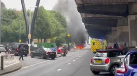Car engulfed in flames on the A4 in London on Bank Holiday Monday
