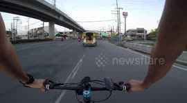 Kind cyclist rescues kitten that is almost hit by passing vehicles