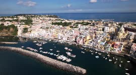 Drone video of Marina di Corricella on Procida island, Italy