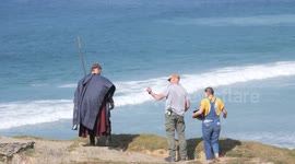 House of Dragon Milly Alcock, Theo Nate (Game of Thrones prequel) shipwreck scene with bodies being filmed at Holywell Bay UK