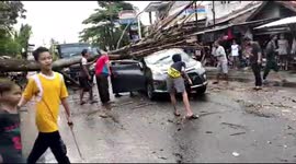 A fallen tree hits a mini bus in Ciputat, South Tangerang, Indonesia