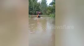 Pet lover carries two dogs on his shoulders during flood in Thailand