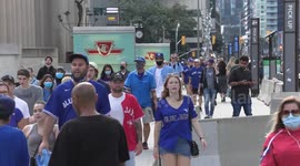 Crowds of Toronto Blue Jays baseball fans leave after the game as Toronto is eliminated from the playoffs