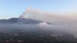 Ashcloud from Volcano on Canary Islands La Palma ash cloud 21 October from El Time viewpoint looking over Los Llanos and Todoque