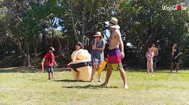 ''Ow, My Nuts!' Boy in a sumo costume hit in the nuts at family get-together'