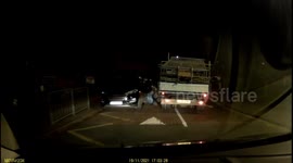 DASH CAM Moment scaffolding truck collides with a bus showering glass everywhere