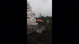 Lava and clouds of steam and smoke race down Mount Semeru towards bystanders