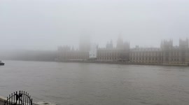 Dense fog covers Houses of Parliament and Big Ben, London, UK 19 December 2021