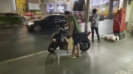 Pet chihuahua puppy rides in the foot well of scooter