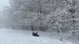 German kids enjoy a snow day sledding down local hill