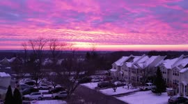US: Dramatic Pink Sunrise Sky Over Snow-Covered City Of Chalfont, PA