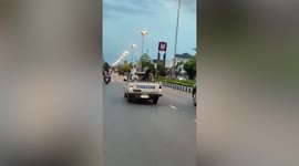 Three adorable dogs ride on back of moving pickup truck