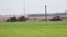 Israeli Bulldozers raze Palestinian lands during an incursion operation in Khuzaa, east of Khan Younis, in the southern Gaza Strip