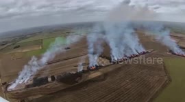 Aerial video of huge straw bale fire in Lincolnshire, England