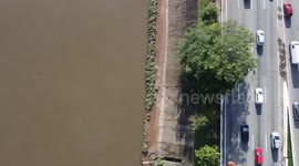 Crater concrete in subway works blocks part of Marginal Tietê in Sao Paulo, Brazil