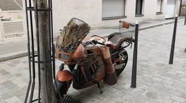 Paris: Funny animal tuning on a motorcycle decorated with bird feathers and with a tiny shopping cart as topcase.Paris.Rue des Meuniers.8feb2022.