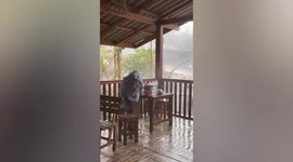 Hungry customer carries on eating BBQ amid raging storm in Thailand