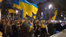 Ukraine's ambassador to UK Vadym Prystaiko leads protest to Downing Street and Foreign Office