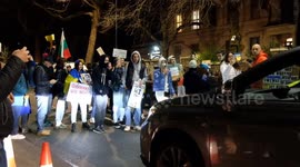 A passionate anti-war Ukraine rally continues on Saturday evening outside the Russian Embassy in London after military invasion