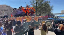 Crowds rush towards floats during Mardi Gras celebrations in New Orleans