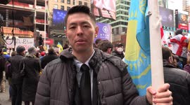 Different diasporas flood Times Square, calling on NATO to introduce a no-fly zone over Ukraine in New York, US