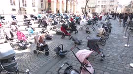 Empty strollers placed in Lviv square to mark 109 children killed by Russian attacks