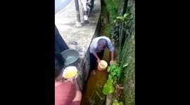 Food price inflation gets serious in Indonesia as desperate locals scoop cooking oil from drain after truck overturns