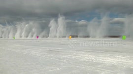 Water propelled into air as workers blow up frozen river in northern China