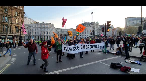 Extinction Rebellion activists block routes around Trafalgar Square calling for an end to fossil fuels