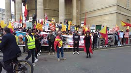 A young Tigrayan girl, demonstrator screaming Stop using women's bodies as a battlefield and raping our women outside the BBC, London, UK