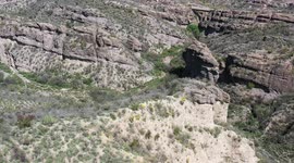Aerial view of landscape, mountains, hills and canyons in Arizpe, Sonora, Mexico.