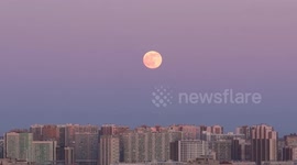 Beautiful pink moon appears at sunset over St Petersburg, Russia