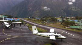 Lukla Airport, Airplane take off on bad weather, Rainy Season with clouds on the way