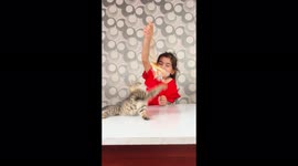 Girl makes DIY toy for her kitten using crisp packet and tape