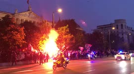 Bus with Real Madrid players through the streets of Madrid celebrating their 35th La Liga Title