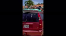 Surfing on top of a car. No rope to attach the sup board so so why not lying on it? The boy climbed on top of it