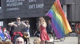 Hero mayoress Kirsty Edwards dancing just before Gay pride fire event Falmouth Cornwall UK