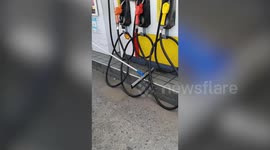 Aggressive rattlesnake tries to bite cleaning mop in petrol station