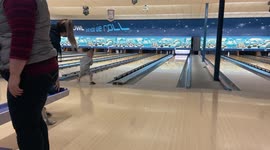 2 year old bowling first time at the lanes he did well even kicked the ball