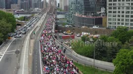 Aerial footage shows impressive crowd marching across Brooklyn Bridge for abortion rights