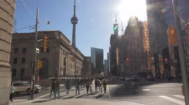 Toronto downtown looking more back to normal as COVID 19 restrictions are lifted and crowds of people return to the downtown core