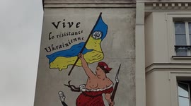 Ukraine war. Mural fresco to support Ukraine inspired by the painting of Eugene Delacroix 