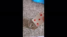 'Trickshot artist throws cards at a spinning can & makes one go between the lid & tab '