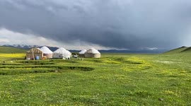 A village of yurts in the middle of Kyrgyzstan mountains and near the Song Kul lake